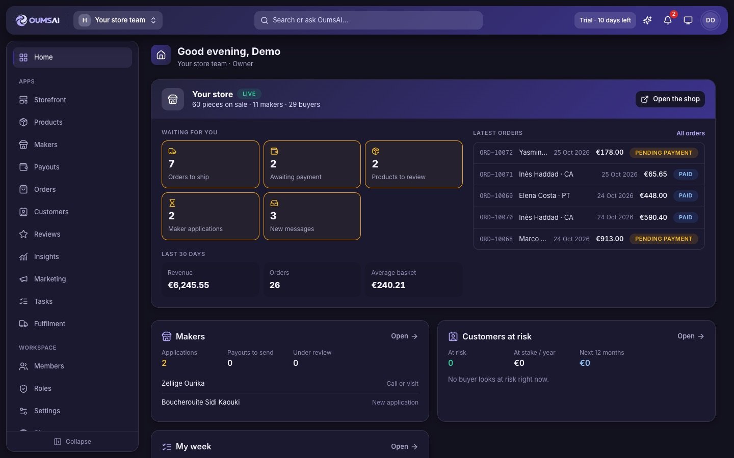 OumsAI dashboard showing latest orders and shop activity