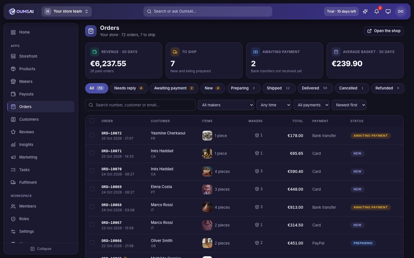 Orders list with revenue and status filters