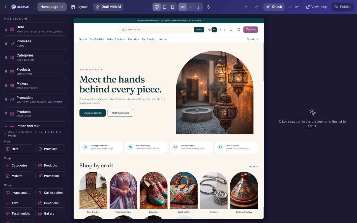 Storefront studio with a live preview of a shop home page