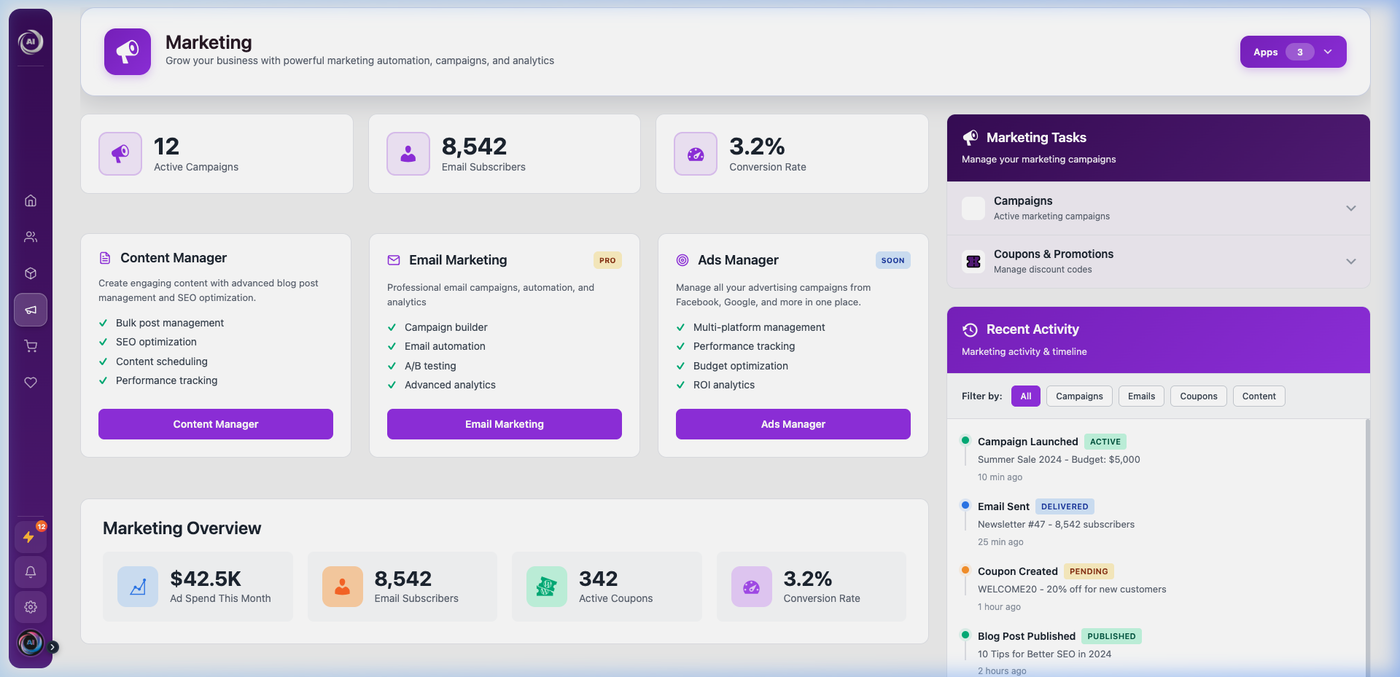 OumsAI Marketing Suite dashboard showing content manager email marketing ads manager campaign tasks and recent activity